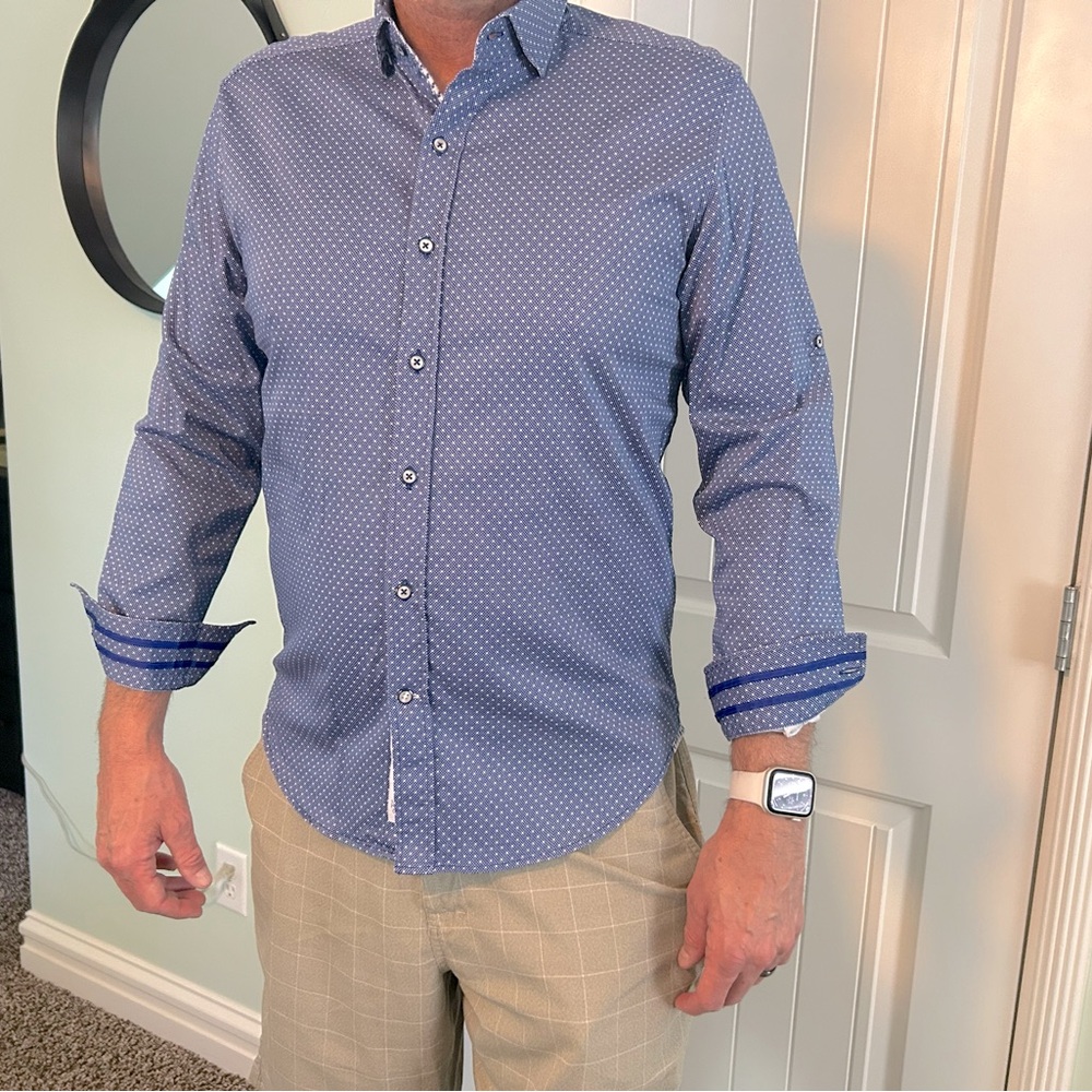 Designer shirt, blue, large but fits like a medium.  Great condition